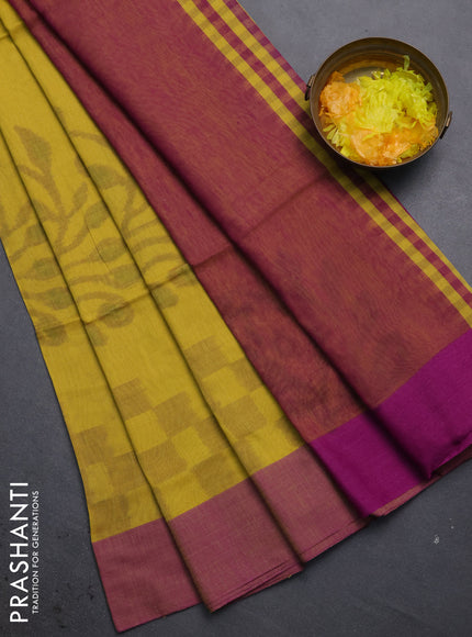 Bengal soft cotton saree mustard yellow and purple with allover weaves and simple border