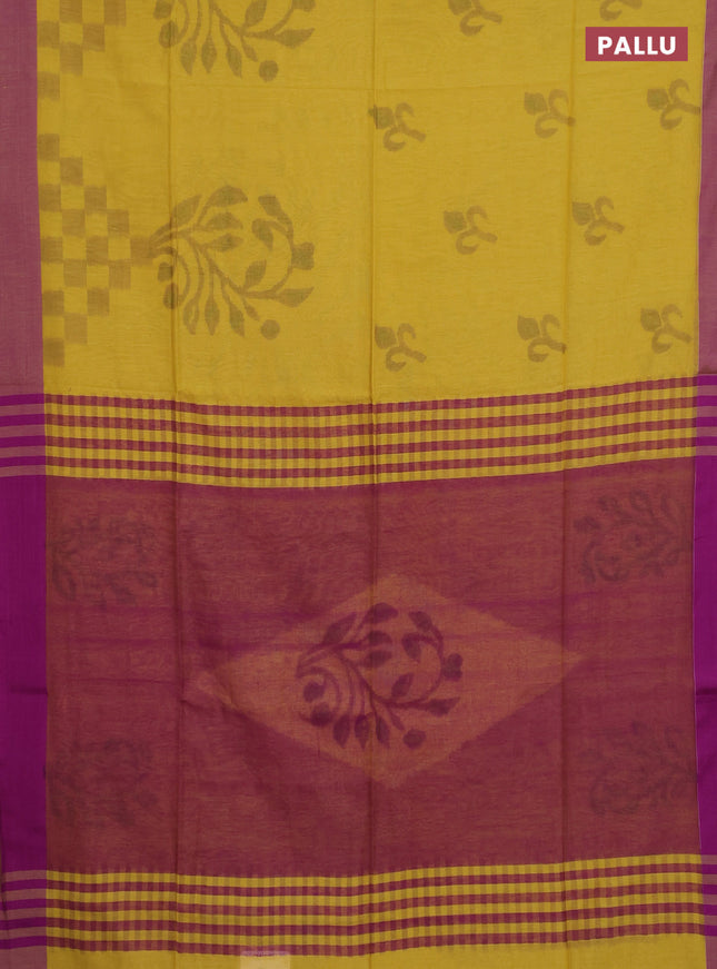 Bengal soft cotton saree mustard yellow and purple with allover weaves and simple border