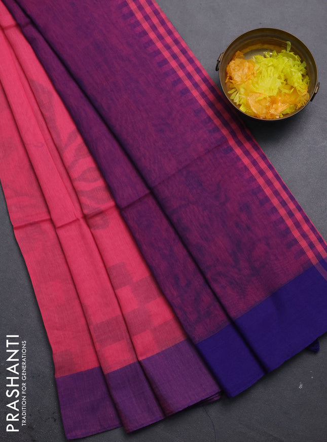 Bengal soft cotton saree peach pink and blue with allover weaves and simple border