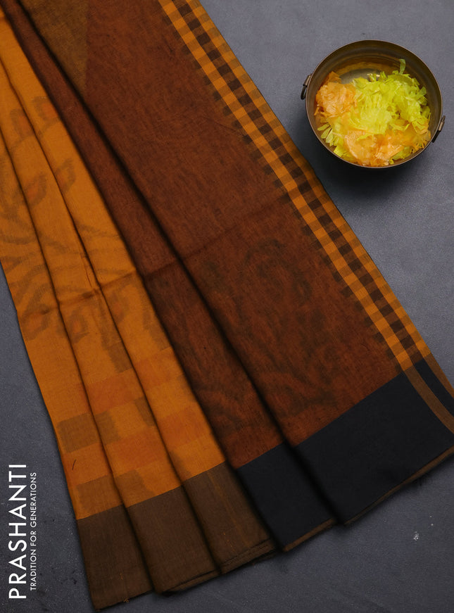 Bengal soft cotton saree dark mustard and black with allover weaves and simple border