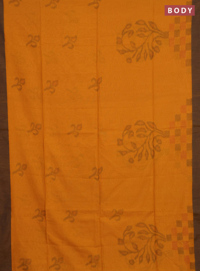 Bengal soft cotton saree dark mustard and black with allover weaves and simple border