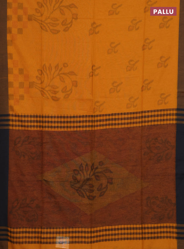 Bengal soft cotton saree dark mustard and black with allover weaves and simple border