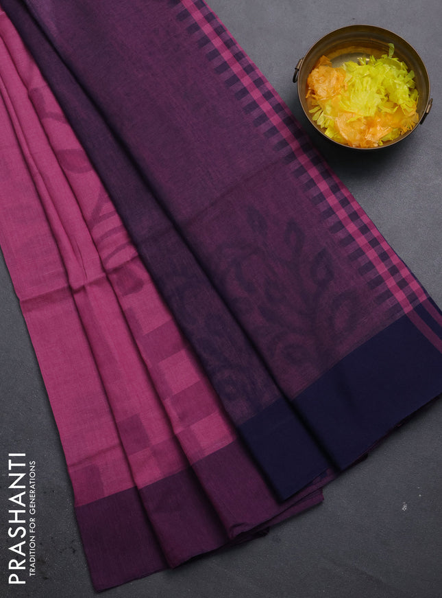 Bengal soft cotton saree mavue pink and navy blue with allover weaves and simple border