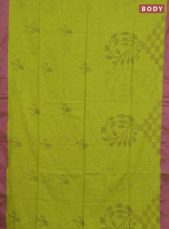 Bengal soft cotton saree light green and purple with allover weaves and simple border