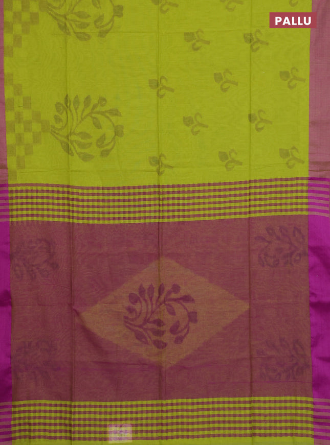 Bengal soft cotton saree light green and purple with allover weaves and simple border