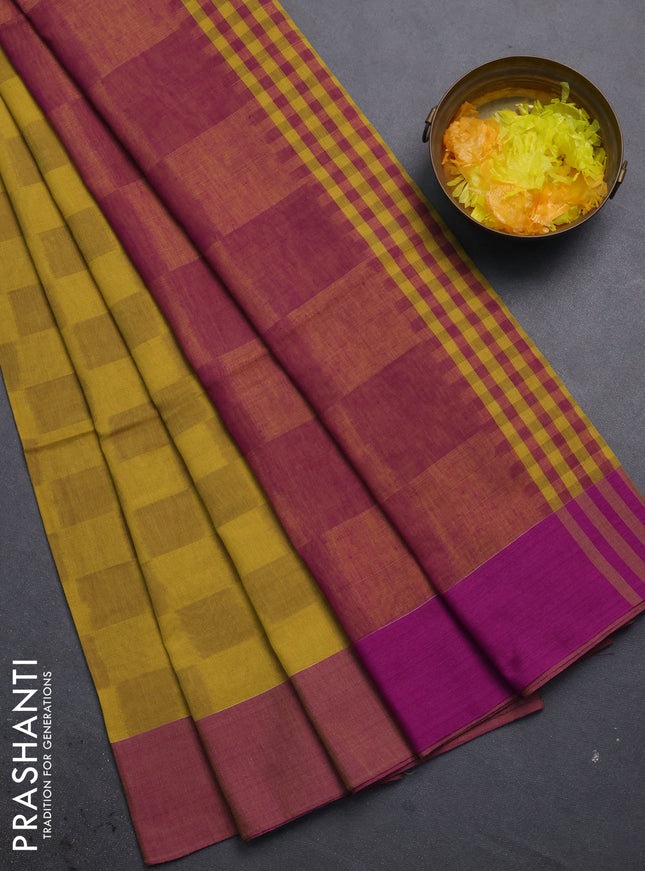 Bengal soft cotton saree mustard yellow and purple with allover weaves and simple border