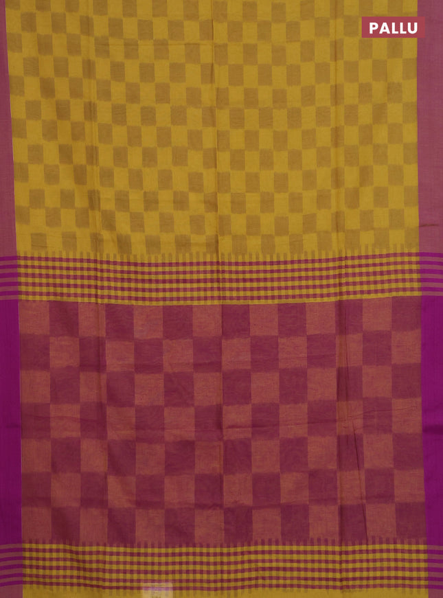 Bengal soft cotton saree mustard yellow and purple with allover weaves and simple border