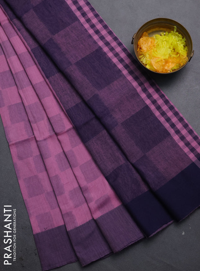 Bengal soft cotton saree pastel pink and navy blue with allover butta weaves and simple border