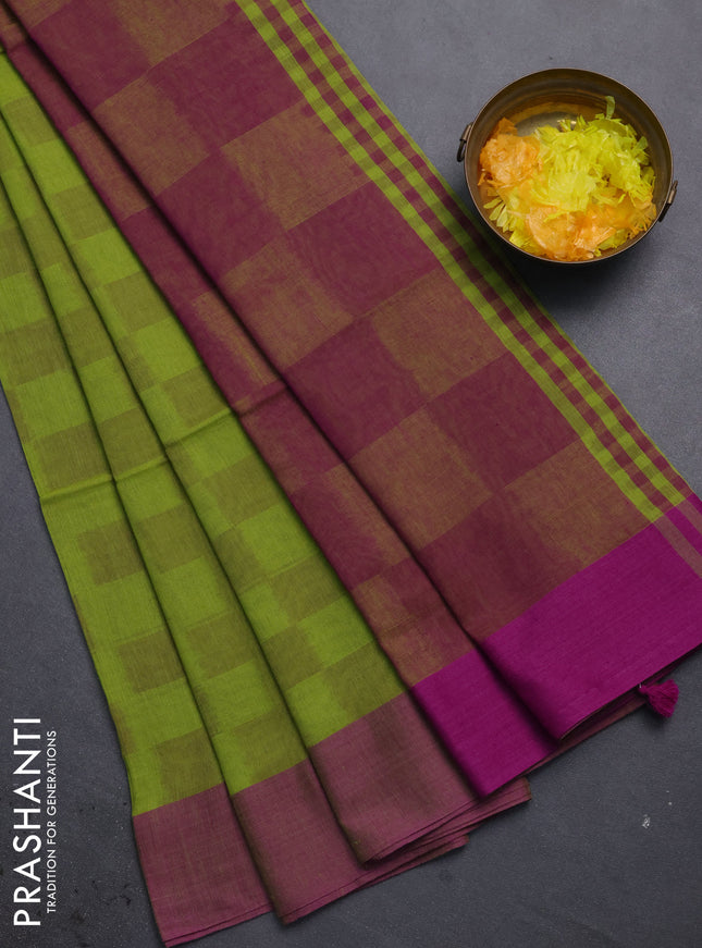 Bengal soft cotton saree light green and purple with allover weaves and simple border