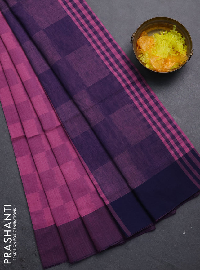 Bengal soft cotton saree mavue pink and navy blue with allover weaves and simple border
