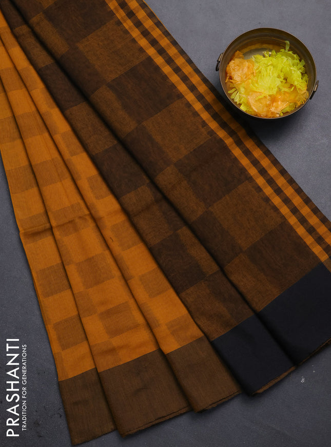Bengal soft cotton saree dark mustard and black with allover weaves and simple border