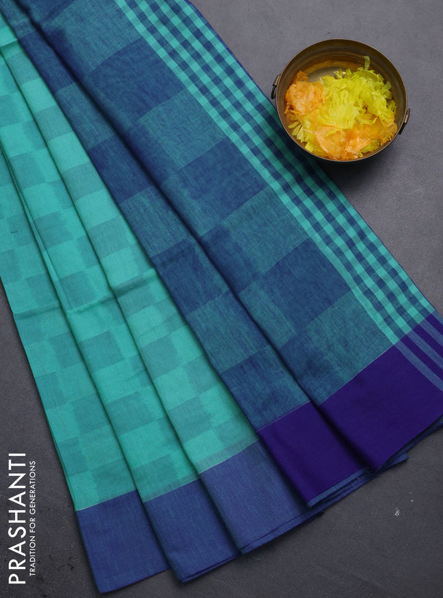 Bengal soft cotton saree teal blue and blue with allover weaves and simple border