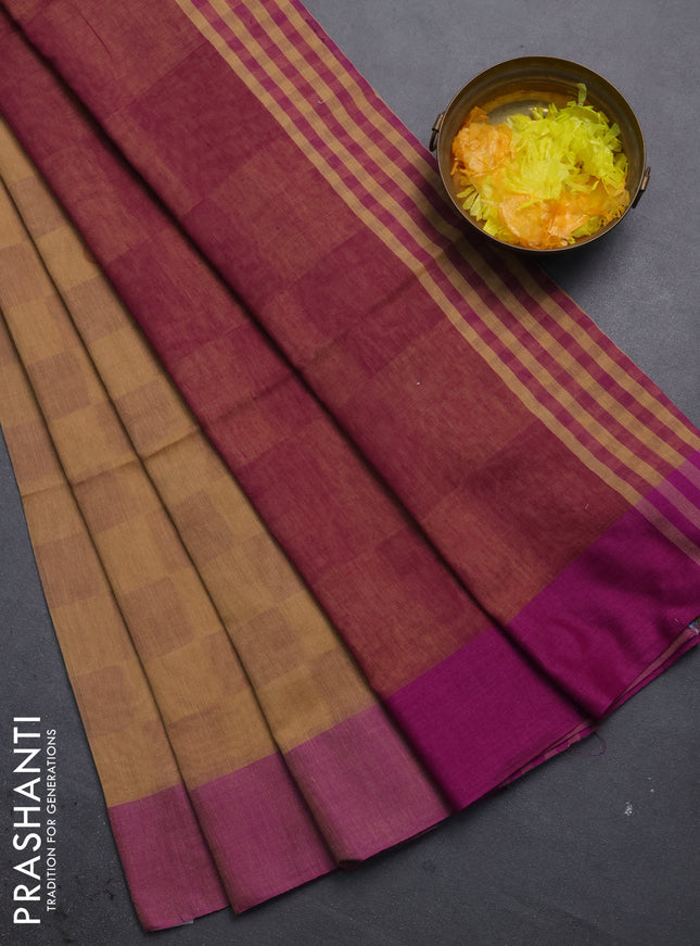 Bengal soft cotton saree sandal and purple with allover weaves and simple border