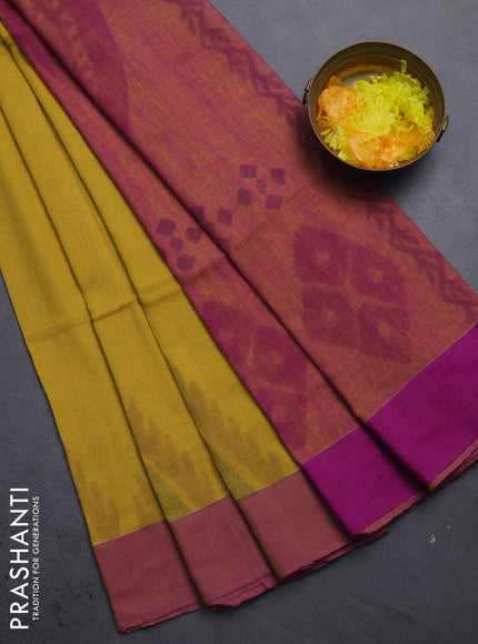 Bengal soft cotton saree mustard yellow and purple with allover butta weaves and simple border