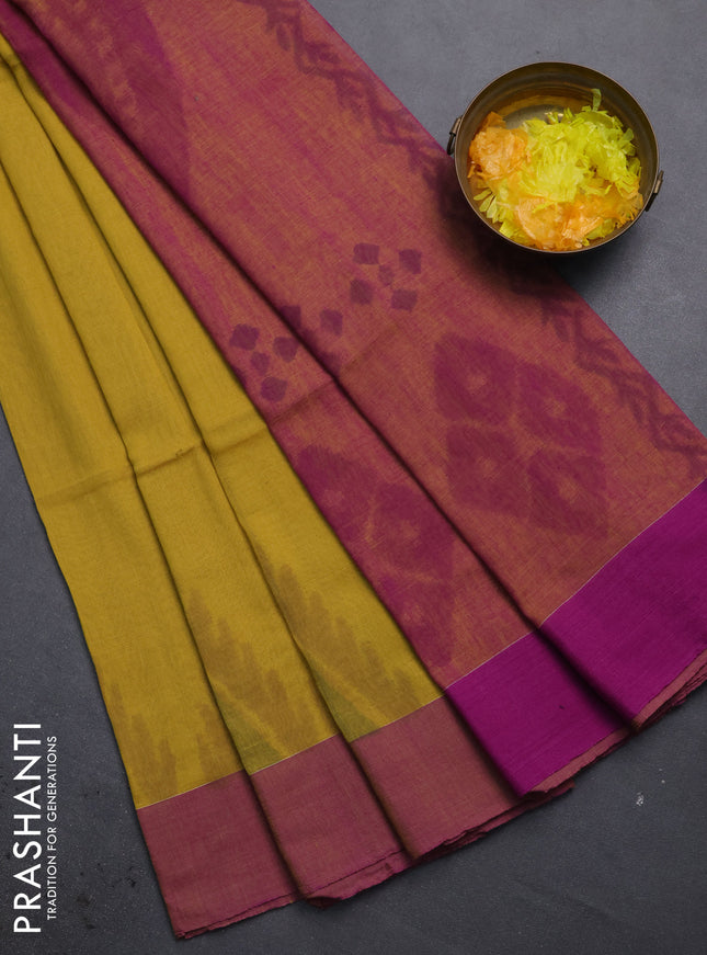 Bengal soft cotton saree mustard yellow and purple with allover butta weaves and simple border
