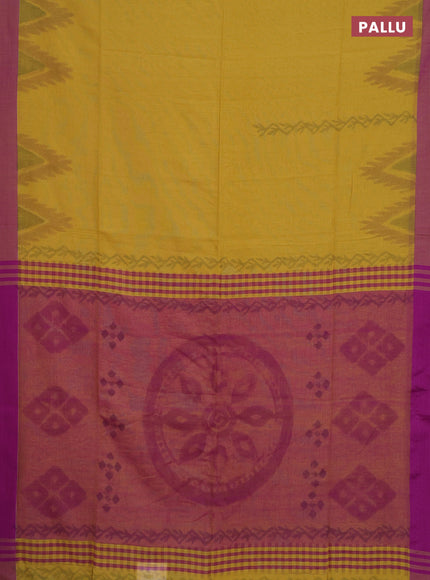 Bengal soft cotton saree mustard yellow and purple with allover butta weaves and simple border