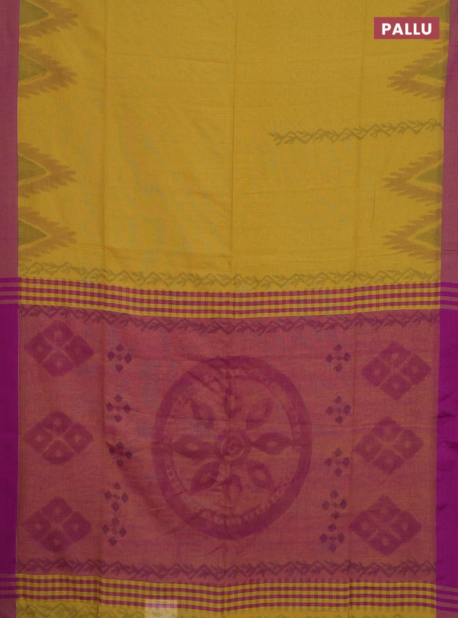 Bengal soft cotton saree mustard yellow and purple with allover butta weaves and simple border