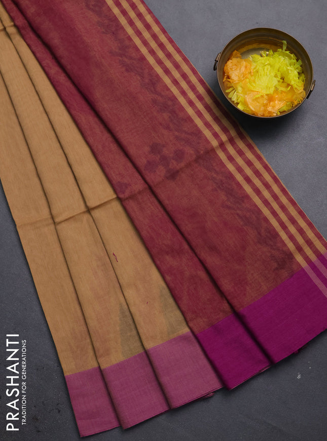 Bengal soft cotton saree sandal and purple with allover butta weaves and simple border