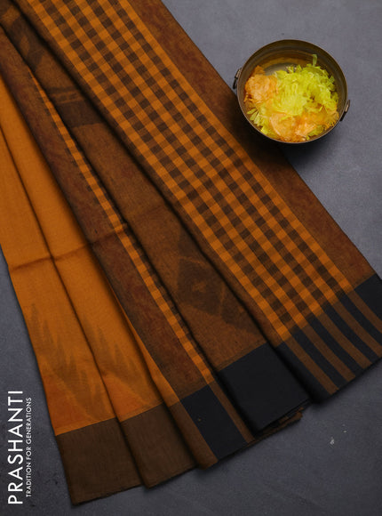 Bengal soft cotton saree dark mustard and black with allover butta weaves and simple border