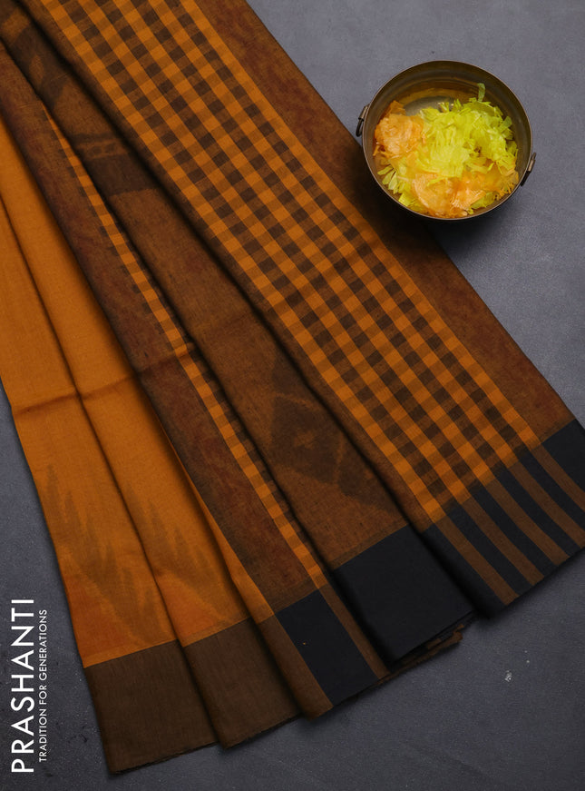 Bengal soft cotton saree dark mustard and black with allover butta weaves and simple border