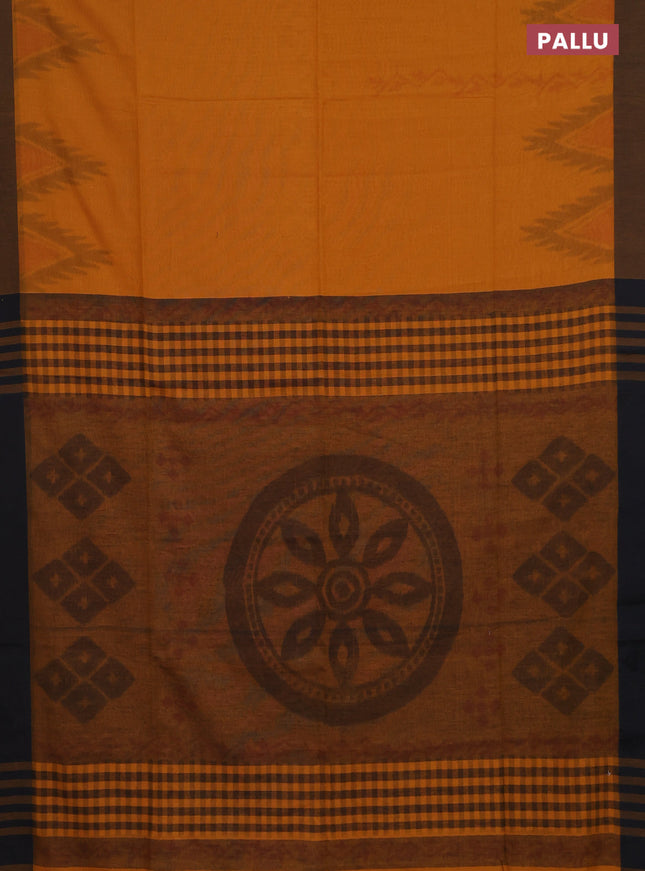 Bengal soft cotton saree dark mustard and black with allover butta weaves and simple border