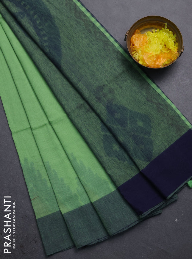 Bengal soft cotton saree pista green and navy blue with allover butta weaves and simple border