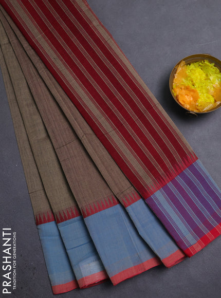 Mangalgiri cotton saree chikku shade and light blue red with palin body and temple design long rettapet border