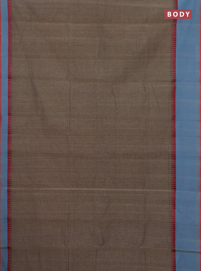 Mangalgiri cotton saree chikku shade and light blue red with palin body and temple design long rettapet border