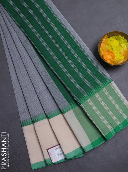 Mangalgiri cotton saree grey and cream green with palin body and temple design long rettapet border