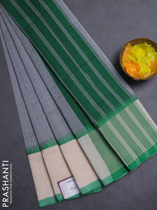 Mangalgiri cotton saree grey and cream green with palin body and temple design long rettapet border
