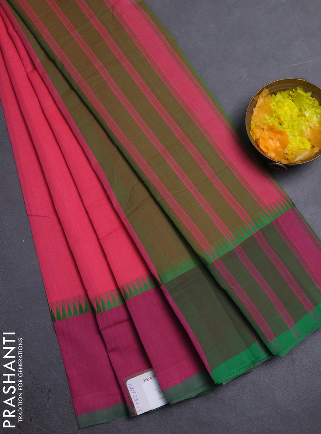 Mangalgiri cotton saree pink and dual shade of green with palin body and temple design long rettapet border