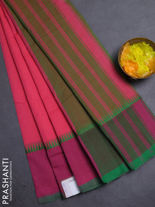 Mangalgiri cotton saree pink and dual shade of green with palin body and temple design long rettapet border