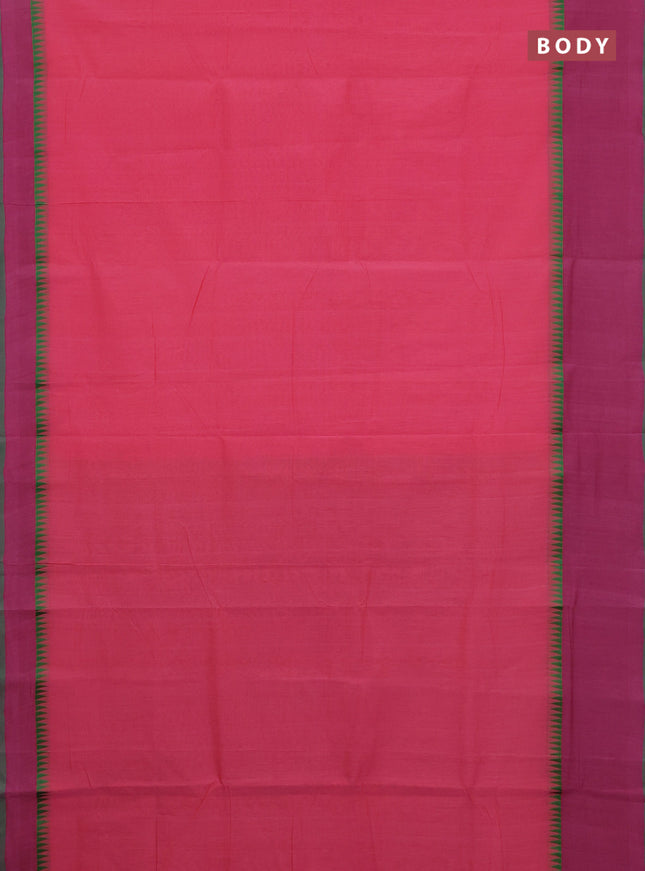 Mangalgiri cotton saree pink and dual shade of green with palin body and temple design long rettapet border
