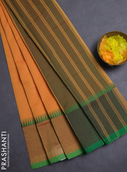 Mangalgiri cotton saree sunset orange and dual shade of green with palin body and temple design long rettapet border