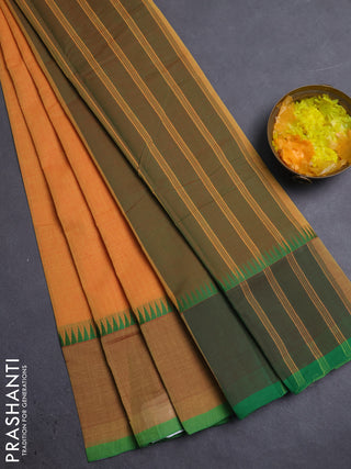 Mangalgiri cotton saree sunset orange and dual shade of green with palin body and temple design long rettapet border