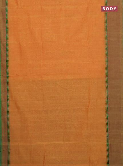 Mangalgiri cotton saree sunset orange and dual shade of green with palin body and temple design long rettapet border