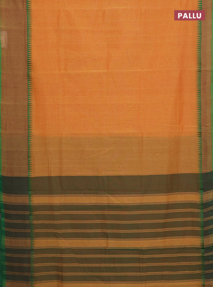 Mangalgiri cotton saree sunset orange and dual shade of green with palin body and temple design long rettapet border