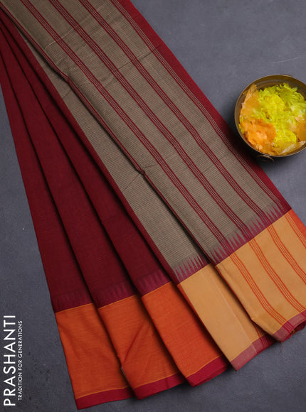 Mangalgiri cotton saree maroon and sunset orange with palin body and temple design long rettapet border