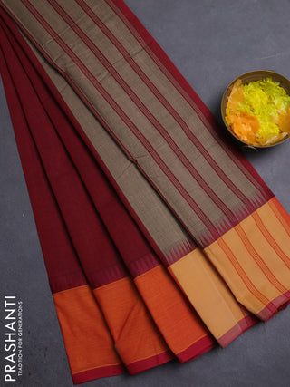 Mangalgiri cotton saree maroon and sunset orange with palin body and temple design long rettapet border