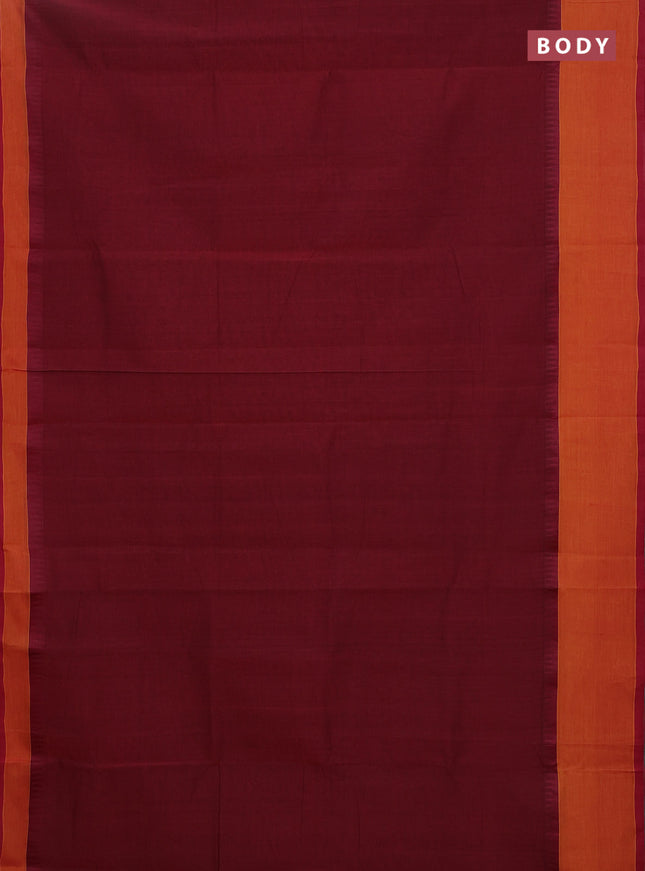 Mangalgiri cotton saree maroon and sunset orange with palin body and temple design long rettapet border