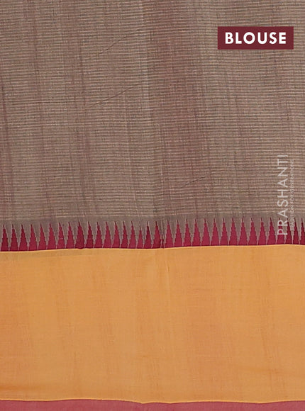 Mangalgiri cotton saree maroon and sunset orange with palin body and temple design long rettapet border