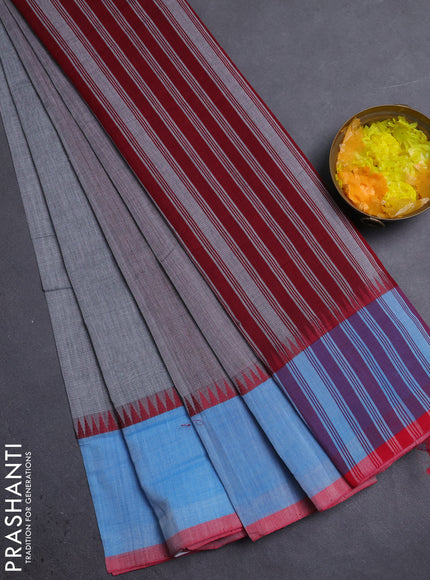 Mangalgiri cotton saree grey and light blue red with palin body and temple design long rettapet border