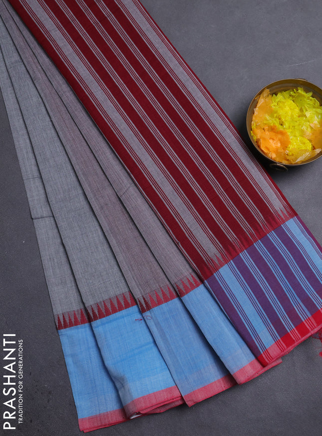Mangalgiri cotton saree grey and light blue red with palin body and temple design long rettapet border