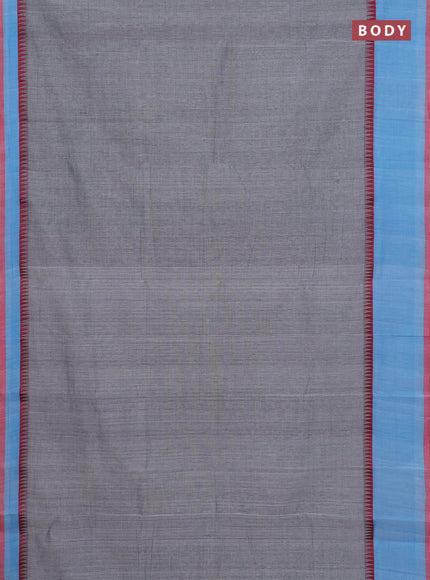 Mangalgiri cotton saree grey and light blue red with palin body and temple design long rettapet border