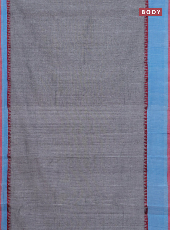 Mangalgiri cotton saree grey and light blue red with palin body and temple design long rettapet border