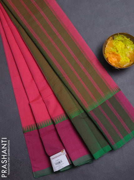 Mangalgiri cotton saree pink and green with palin body and temple design long rettapet border
