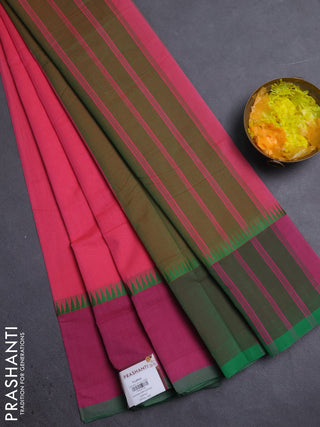 Mangalgiri cotton saree pink and green with palin body and temple design long rettapet border