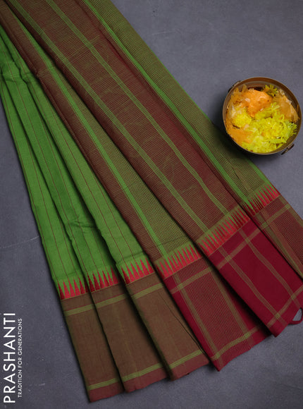 Mangalgiri cotton saree green and maroon with allover stripe pattern and temple design long rettapet border