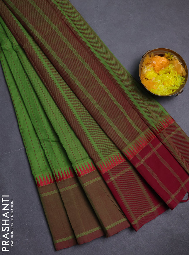 Mangalgiri cotton saree green and maroon with allover stripe pattern and temple design long rettapet border