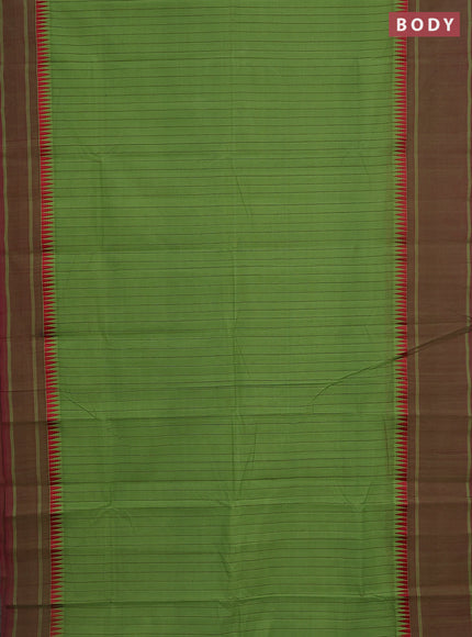 Mangalgiri cotton saree green and maroon with allover stripe pattern and temple design long rettapet border